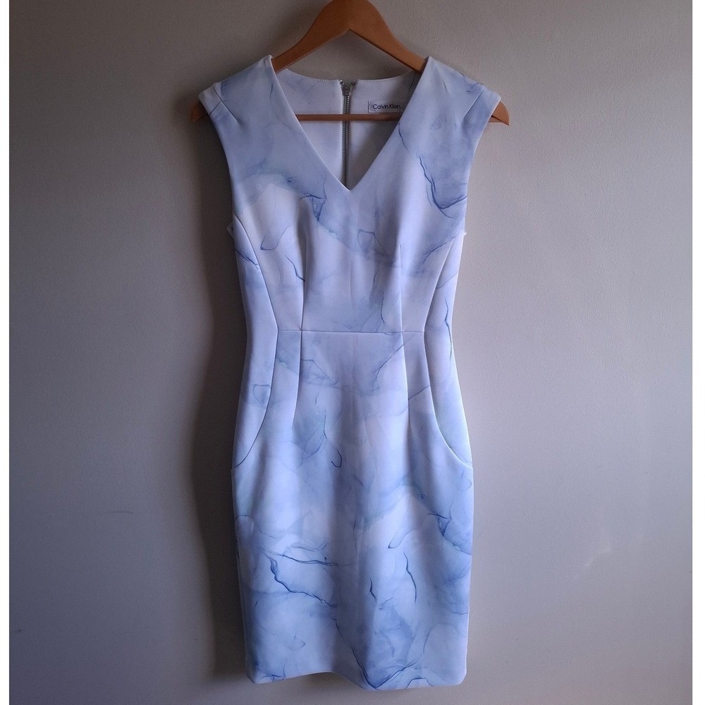 Calvin Klein Blue White Marble Sheath Dress Fitted Office Siren Chic Bodycon Sz2